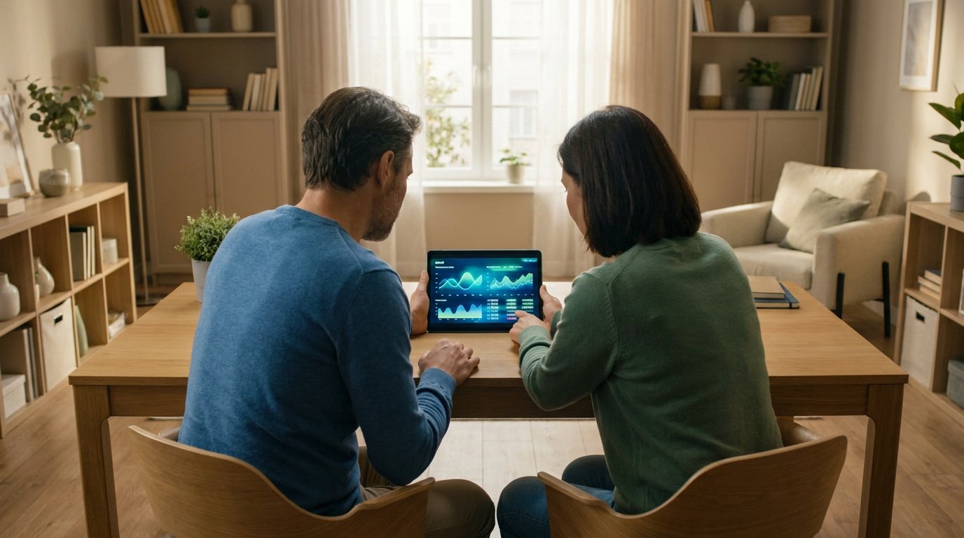 Un couple assis à une table regarde des graphiques financiers sur une tablette numérique dans un salon chaleureux.