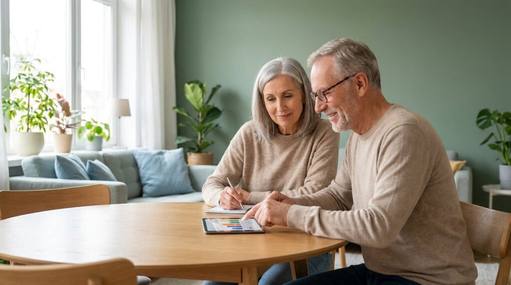Un couple de seniors consulte des graphiques financiers sur une tablette numérique autour d'une table en bois.
