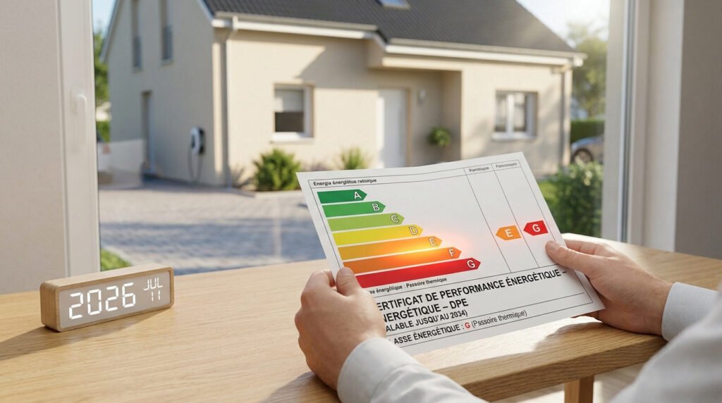 Mains tenant un document DPE classé G devant une maison, avec une horloge affichant 2026 sur le bureau.