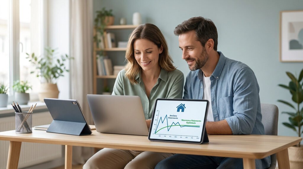 Un couple souriant consulte un graphique de lissage de prêt immobilier sur une tablette numérique.