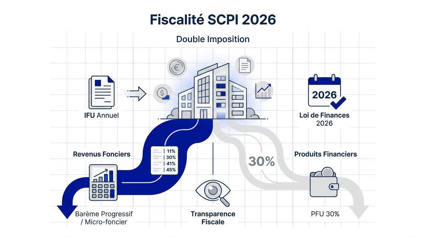 Schéma de la double imposition des revenus de SCPI en 2026 entre foncier et financier