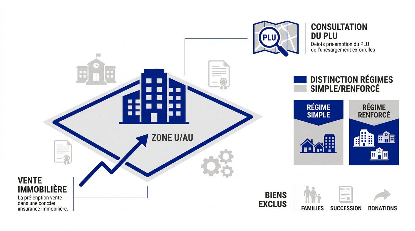 Représentation graphique des zones de préemption urbaine et des bâtiments concernés par la mairie