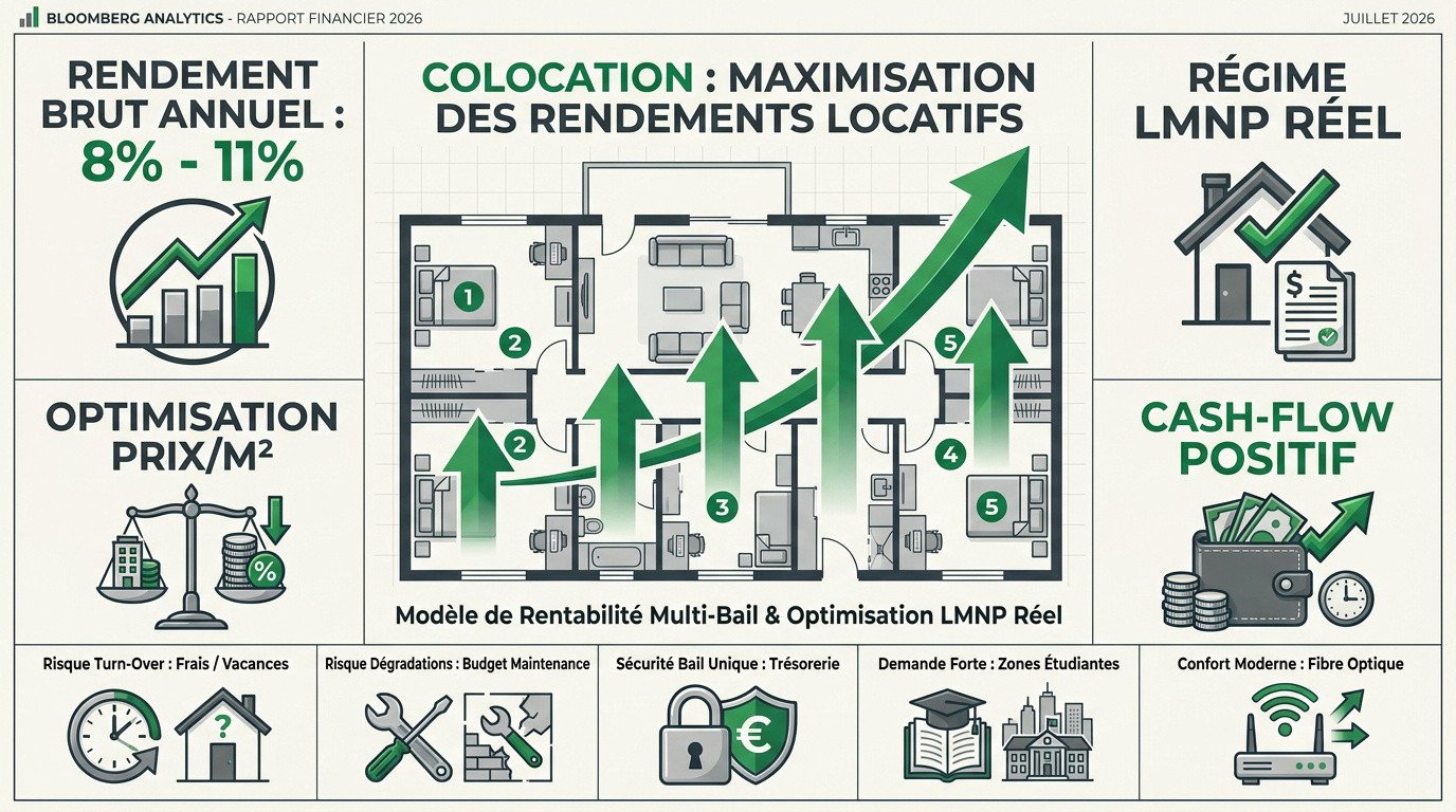 Infographie détaillant la rentabilité d'un investissement en colocation sous le régime LMNP réel