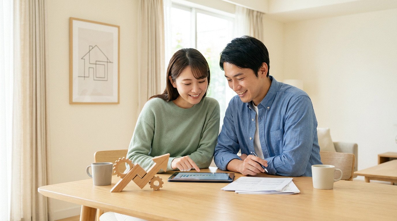 Un jeune couple souriant consulte une tablette numérique et des documents sur une table à la maison.