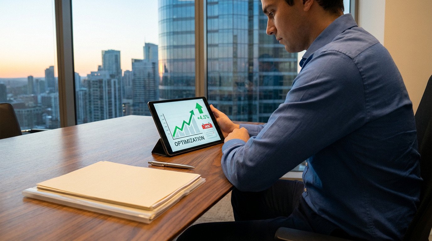 Homme d'affaires consultant un graphique de croissance financière sur une tablette dans un bureau avec vue sur la ville.