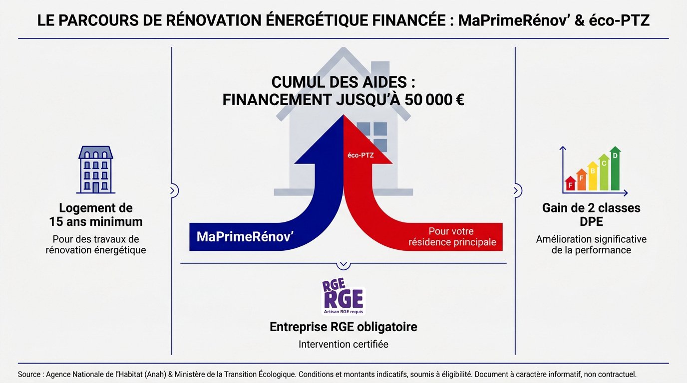 Schéma du parcours de rénovation énergétique avec MaPrimeRénov et l'éco-PTZ