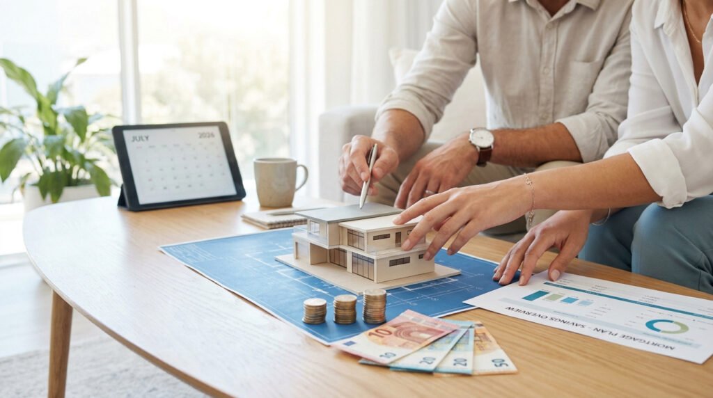Couple analysant une maquette de maison et un plan d'épargne avec de l'argent et un calendrier affichant juillet 2026.