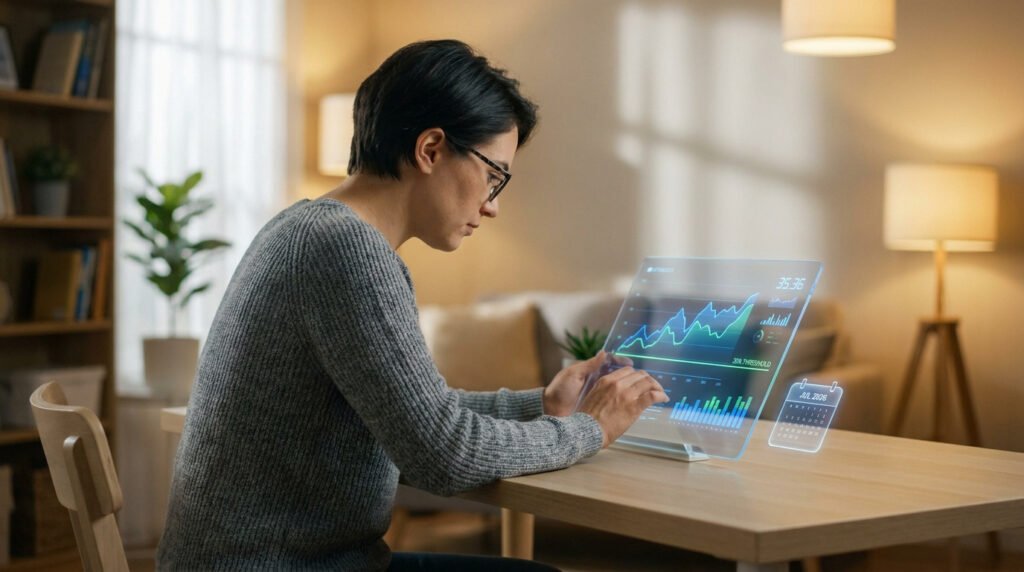 Personne utilisant une interface holographique futuriste pour analyser ses finances personnelles et un calendrier 2026.