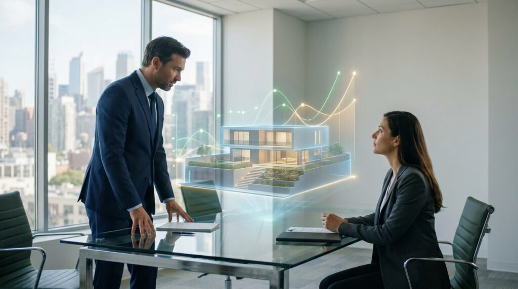 Un homme et une femme d'affaires examinant un hologramme 3D d'une villa avec des graphiques de croissance financière.