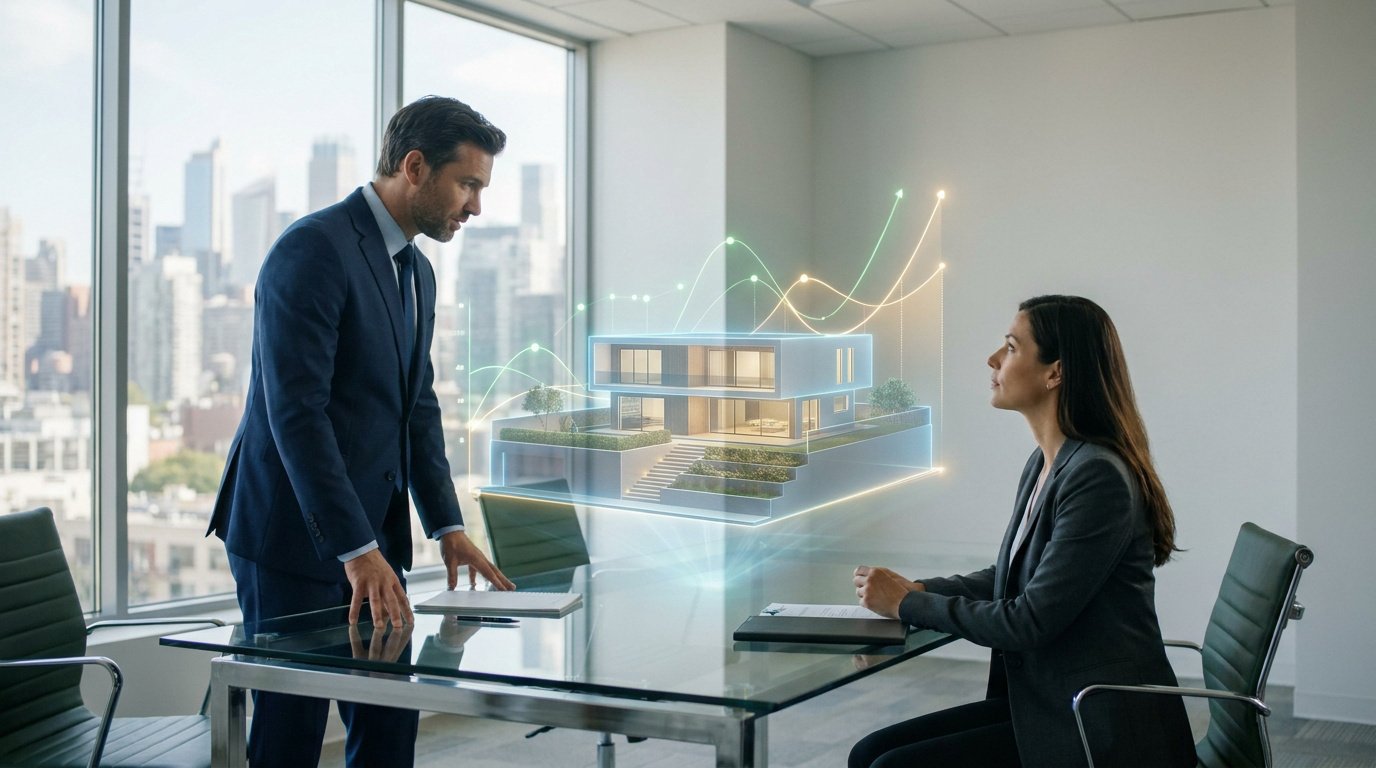 Un homme et une femme d'affaires examinant un hologramme 3D d'une villa avec des graphiques de croissance financière.