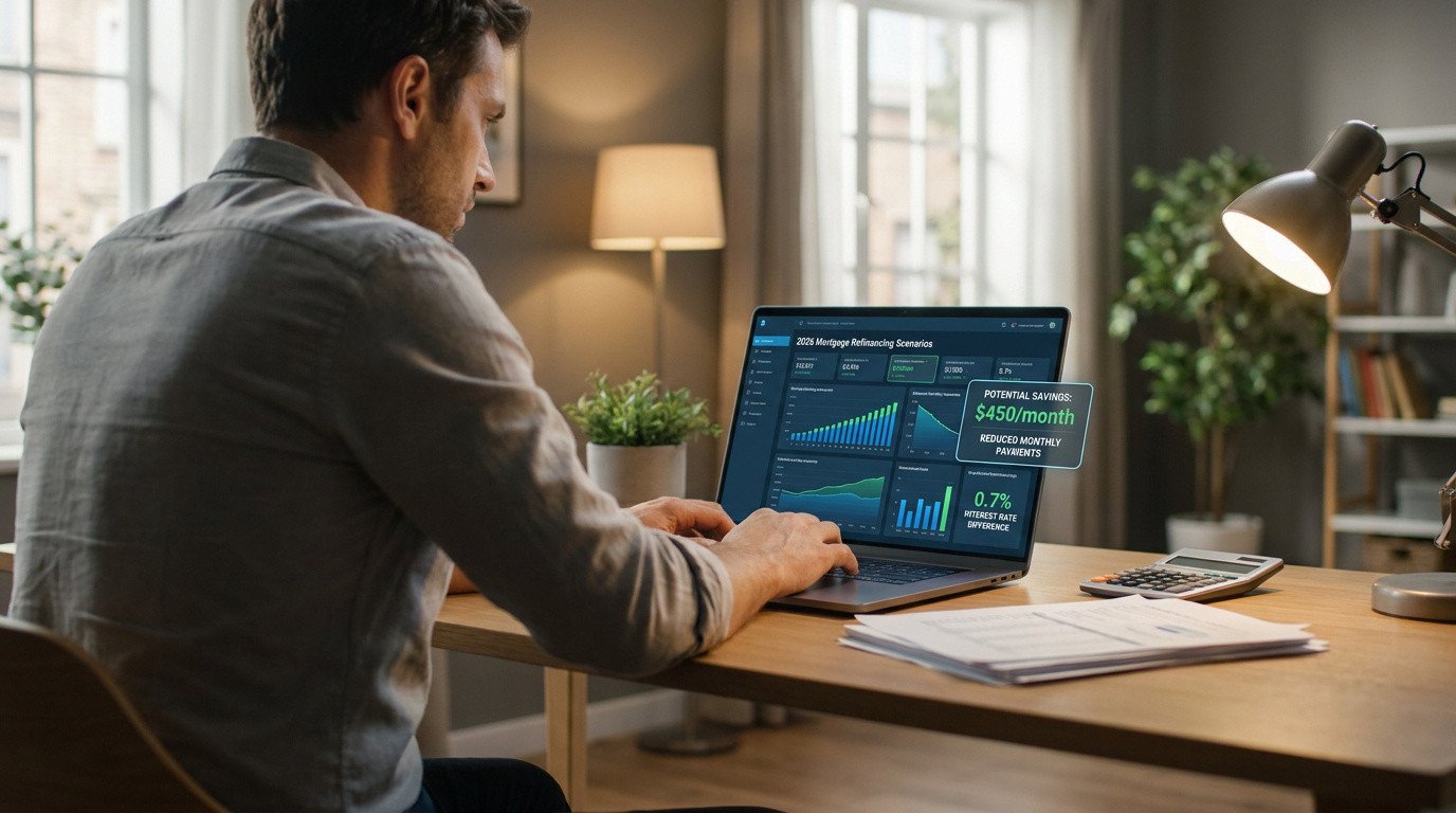 Un homme utilise un ordinateur portable affichant des graphiques de simulation de rachat de crédit immobilier en 2026.