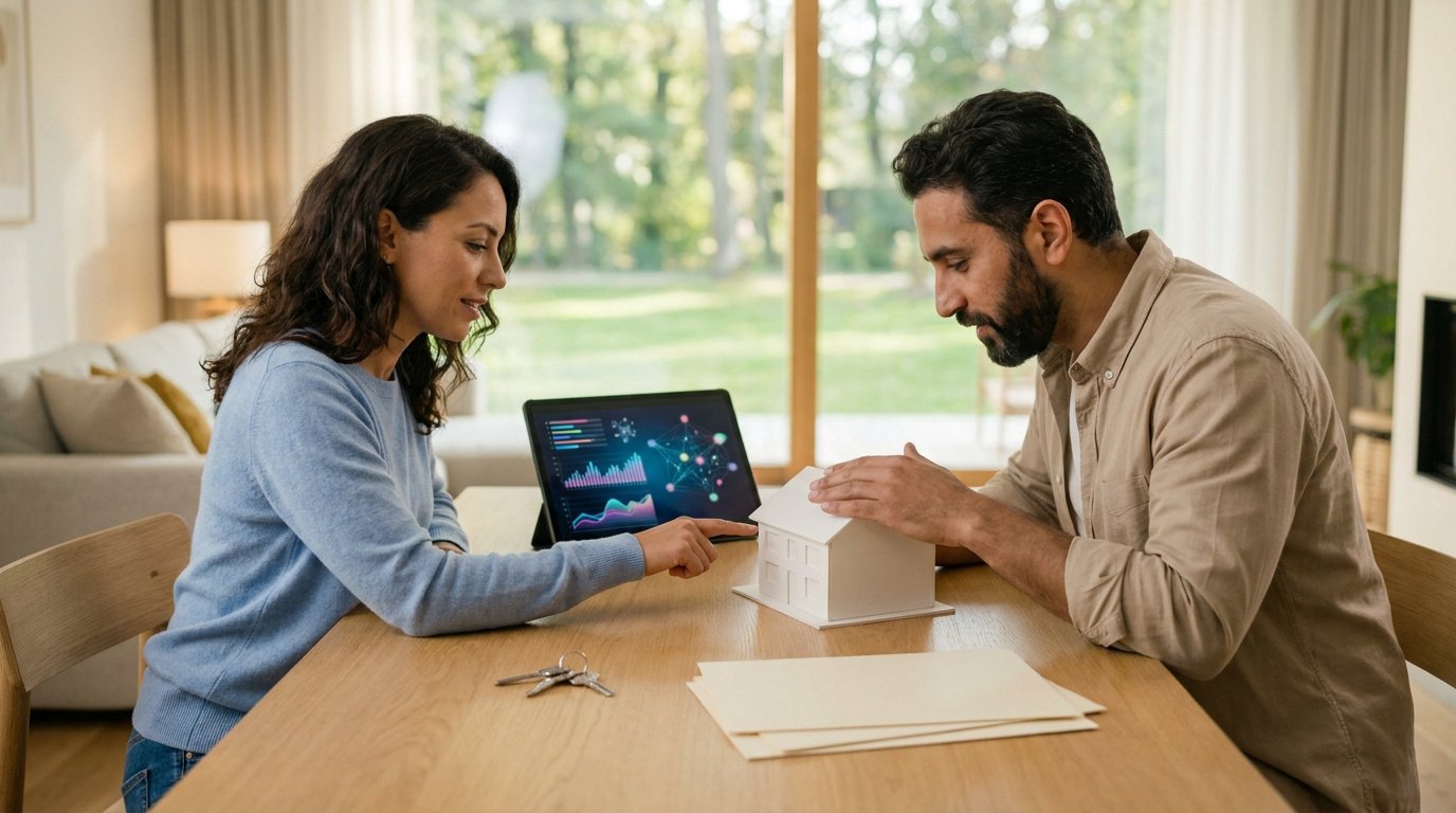 Un couple assis à une table examine une maquette de maison et des données financières sur une tablette.