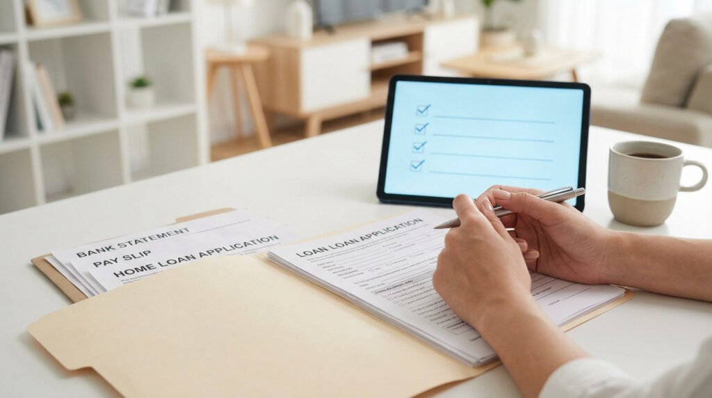 Une personne remplissant un dossier de demande de prêt immobilier sur une table avec une tablette et une tasse de café.