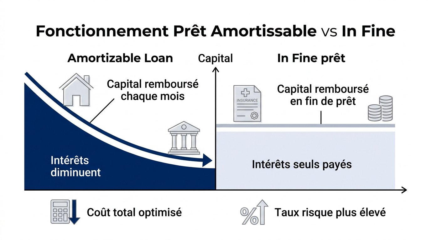 Comparaison graphique entre le remboursement d'un prêt amortissable et d'un prêt in fine