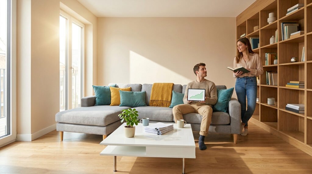 Un jeune couple assis dans un salon moderne, l'homme présente un graphique de rentabilité financière sur une tablette.