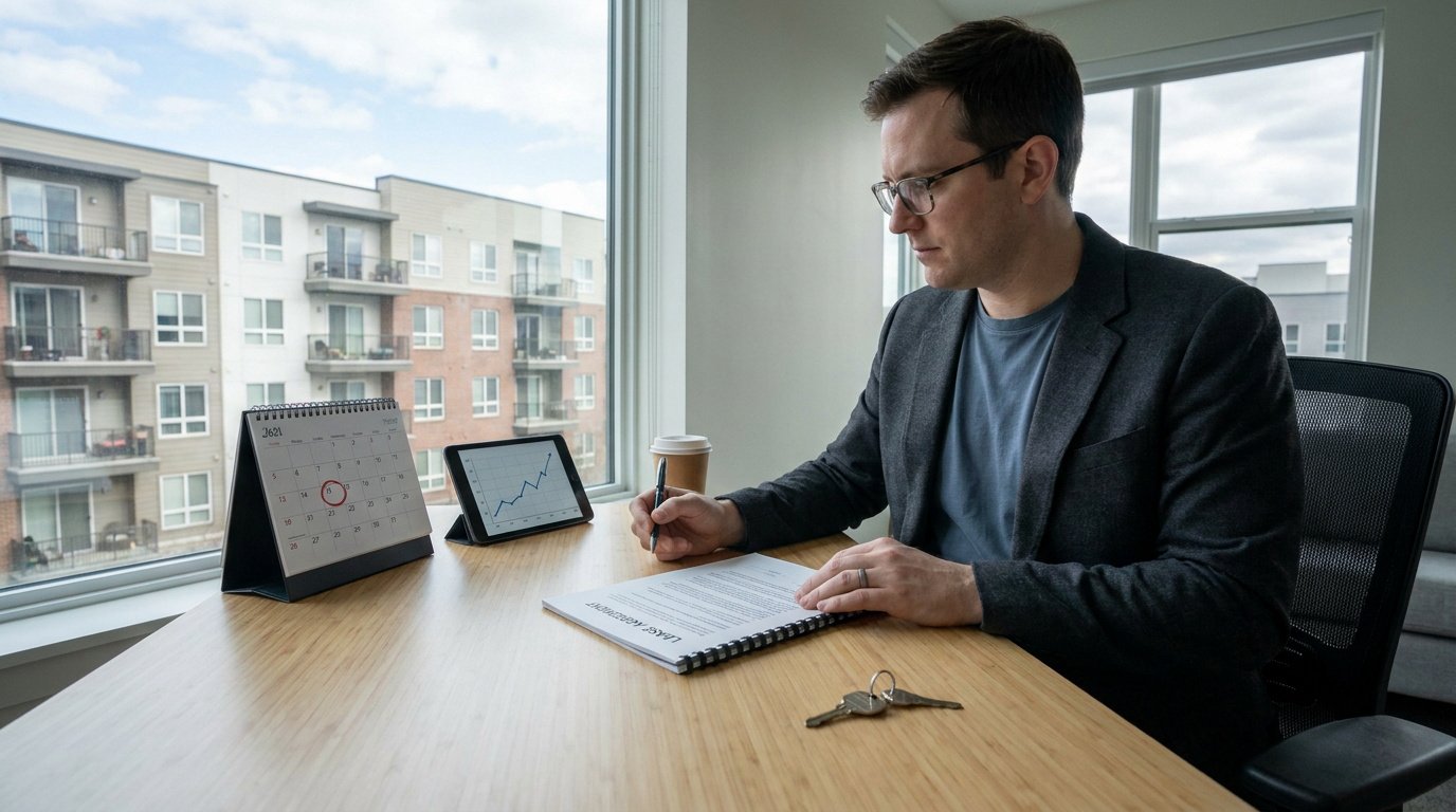 Un homme en costume assis à un bureau près d'une fenêtre, étudiant un contrat de bail devant un calendrier et une clé.