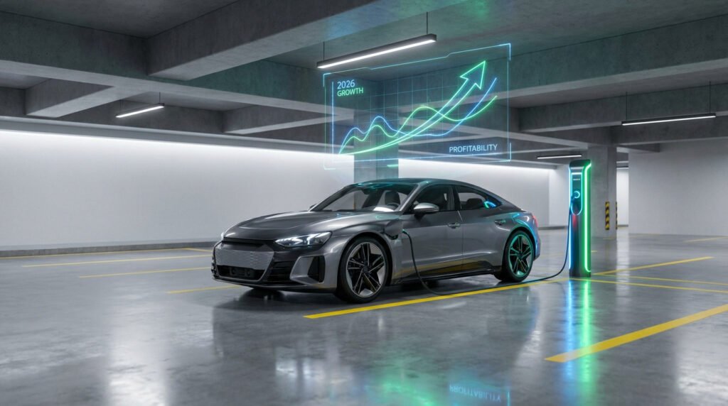 Voiture électrique en charge dans un parking moderne avec un écran holographique affichant une courbe de croissance.