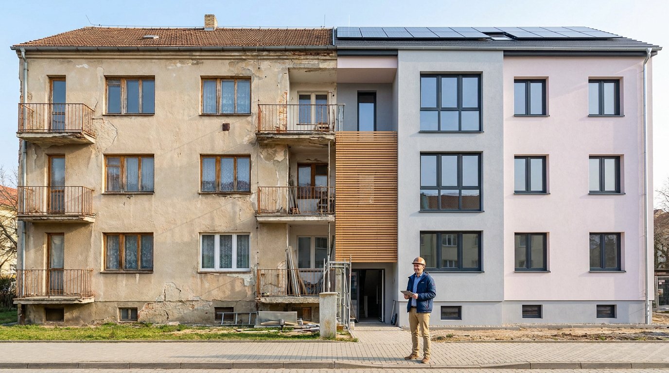 Comparaison d'un immeuble avant et après rénovation thermique avec un chef de chantier au premier plan.