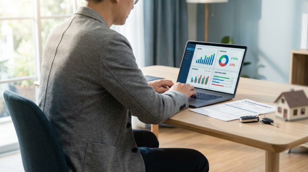 Un homme d'affaires travaillant sur un ordinateur portable affichant des graphiques financiers dans un bureau moderne.