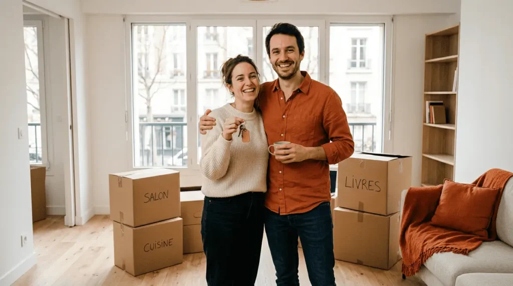 Couple de primo accedant devant leur premier appartement