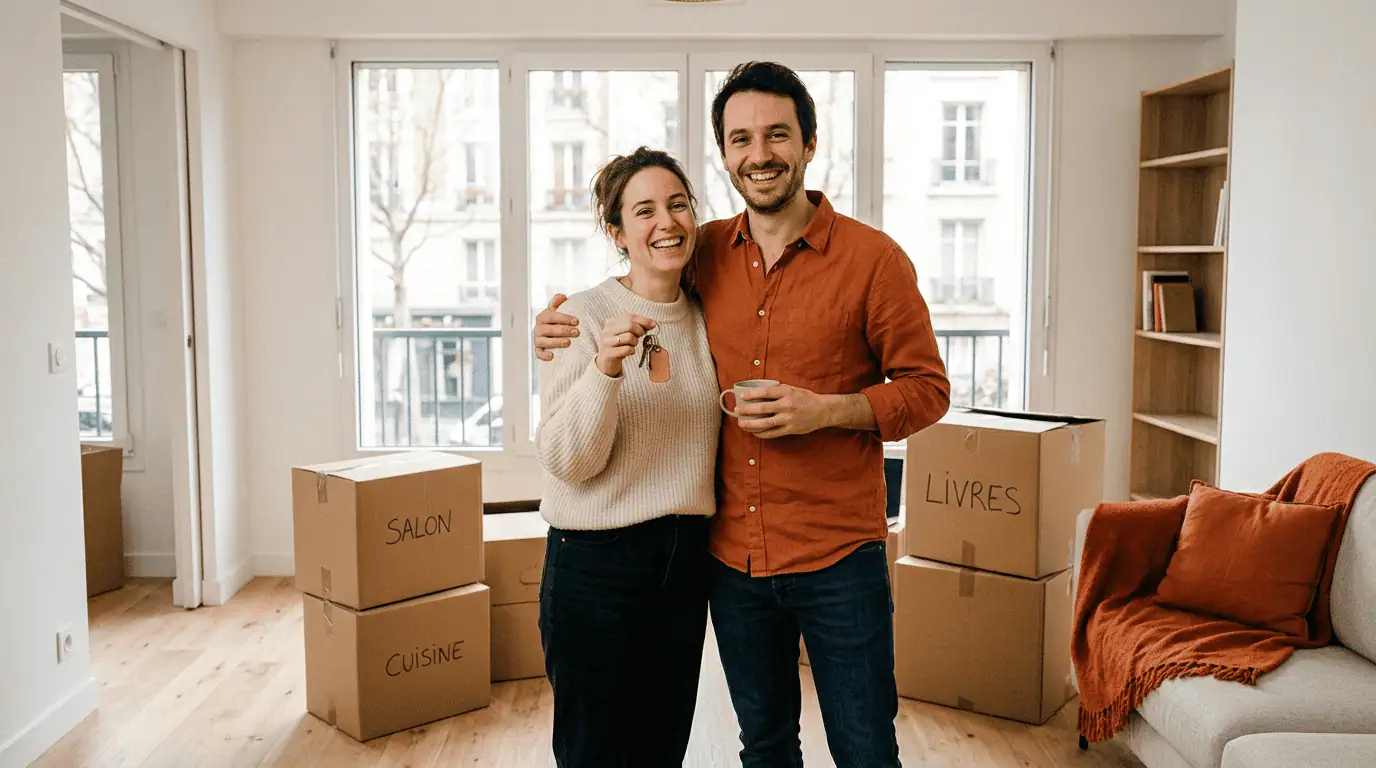 Couple de primo accedant devant leur premier appartement