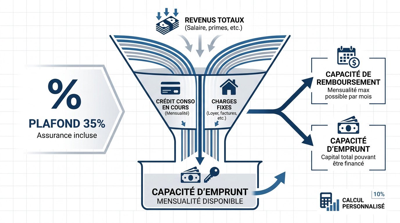 Schéma explicatif du calcul de la capacité d'emprunt avec charges de crédits en cours