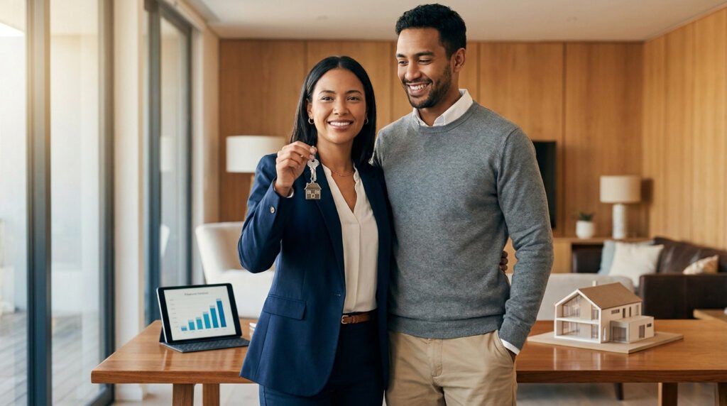Un couple souriant tient les clés de leur future maison dans un salon moderne avec une maquette architecturale.