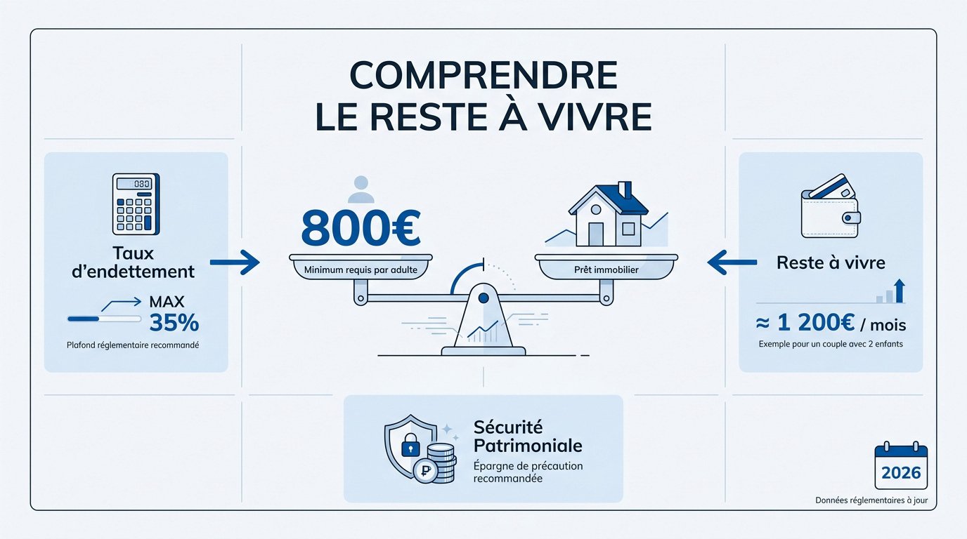 Graphique expliquant le calcul du reste à vivre pour un crédit immobilier en 2026