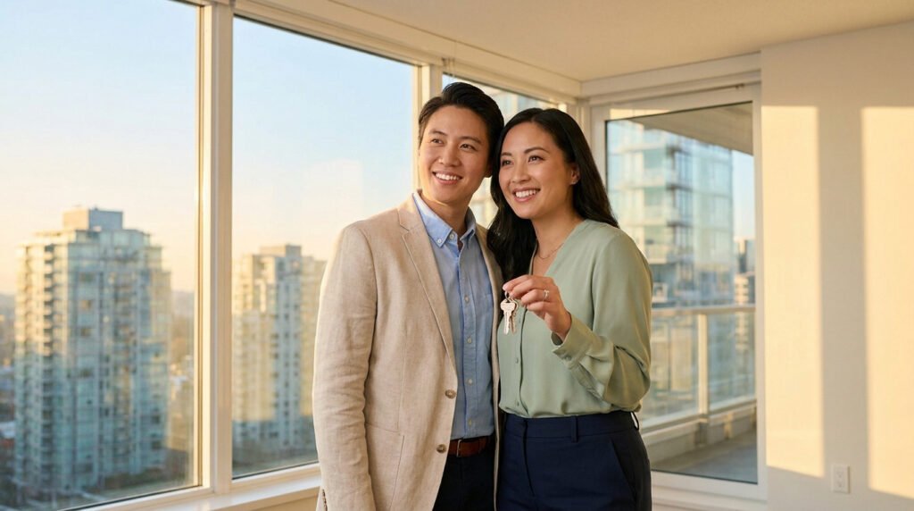 Un jeune couple heureux tenant les clés de leur nouvel appartement devant une grande fenêtre donnant sur la ville.