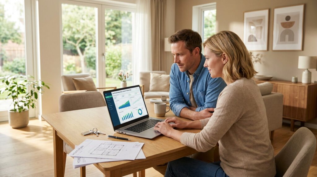 Un couple utilise un ordinateur portable pour simuler un prêt immobilier dans un salon lumineux et moderne.