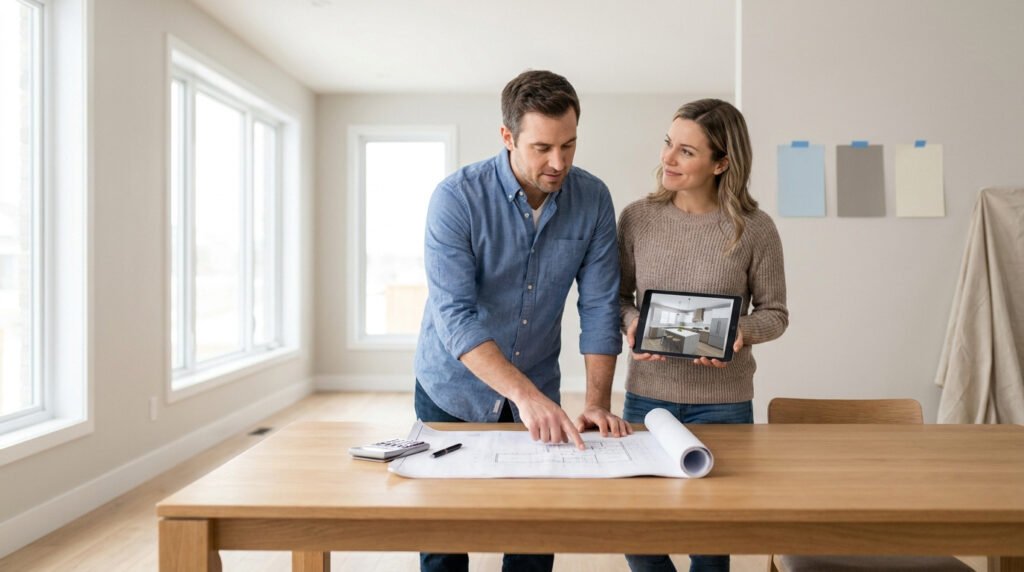 Un couple regarde des plans de maison et une tablette numérique pour préparer une rénovation dans une pièce vide.