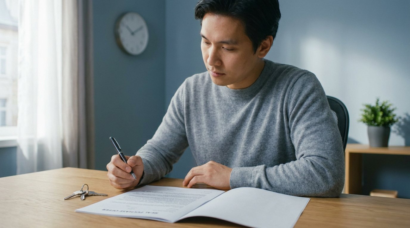 Un homme concentré signe un document d'offre d'achat immobilier assis à une table avec des clés à ses côtés.