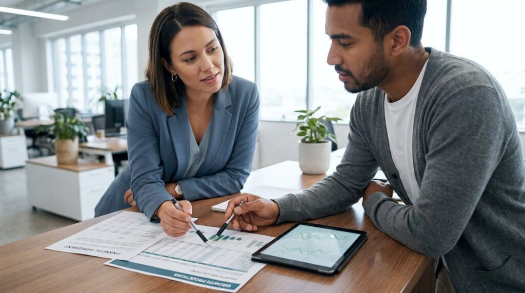 Une conseillère et un client examinent des documents financiers sur une table de bureau moderne.