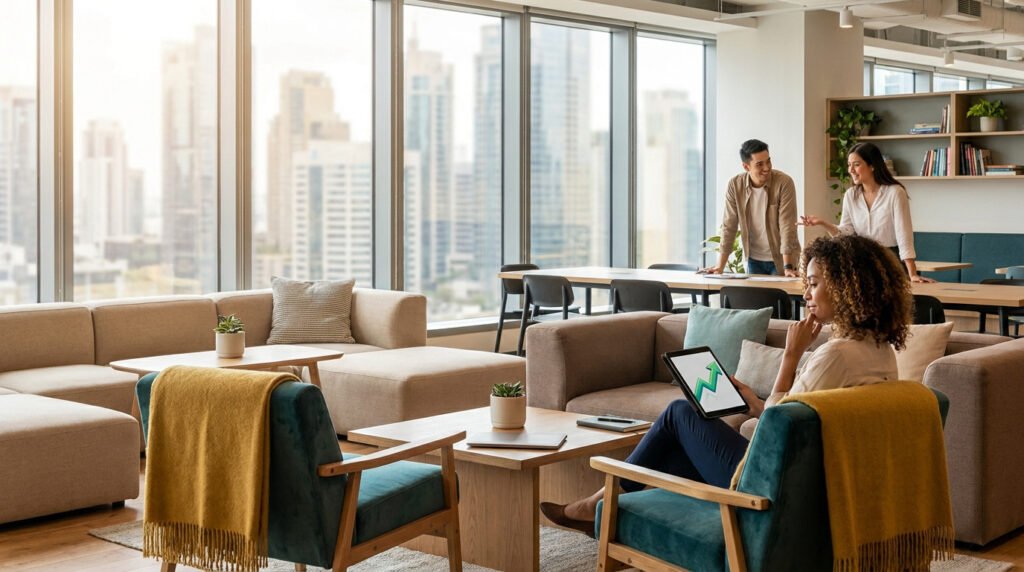 Trois jeunes professionnels travaillant dans un espace de coliving moderne avec vue sur la ville.