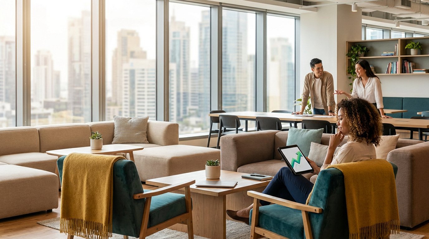 Trois jeunes professionnels travaillant dans un espace de coliving moderne avec vue sur la ville.