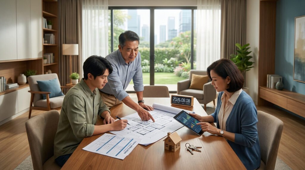 Une famille étudie des plans et des données financières sur une tablette pour un projet immobilier en SCI.
