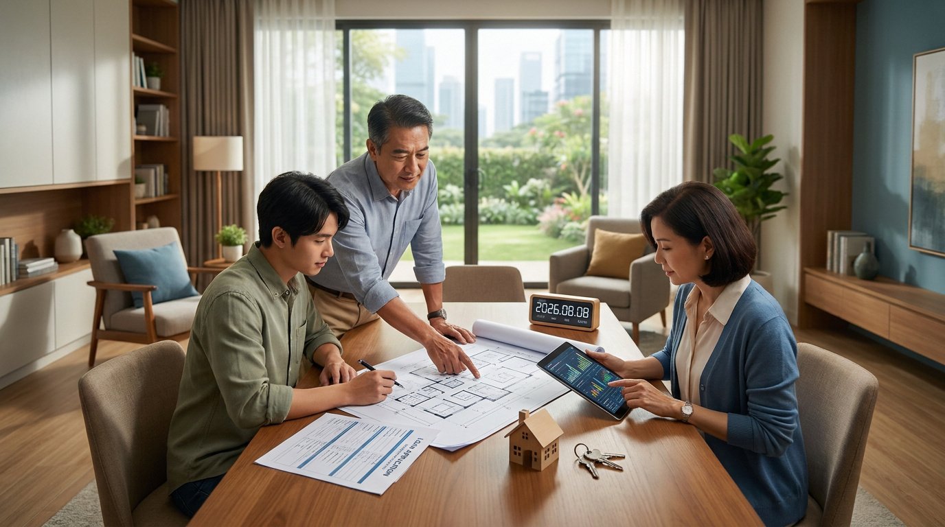Une famille étudie des plans et des données financières sur une tablette pour un projet immobilier en SCI.