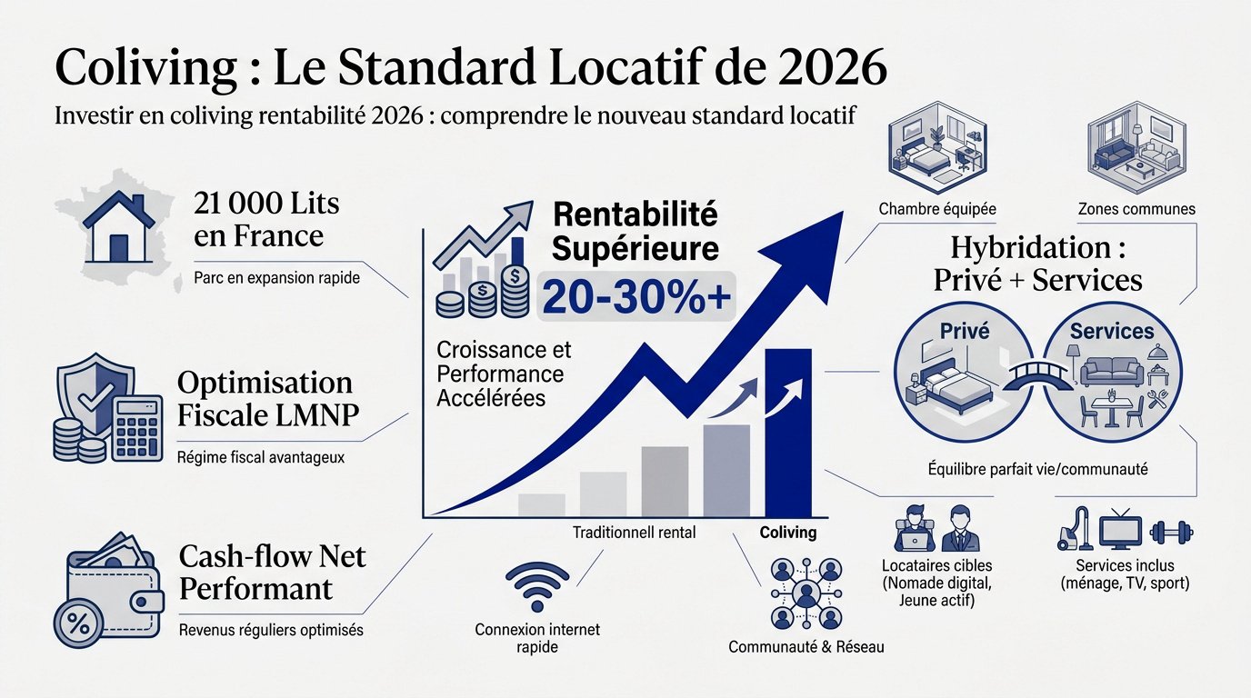 Infographie sur les chiffres clés et la rentabilité du coliving en France pour 2026