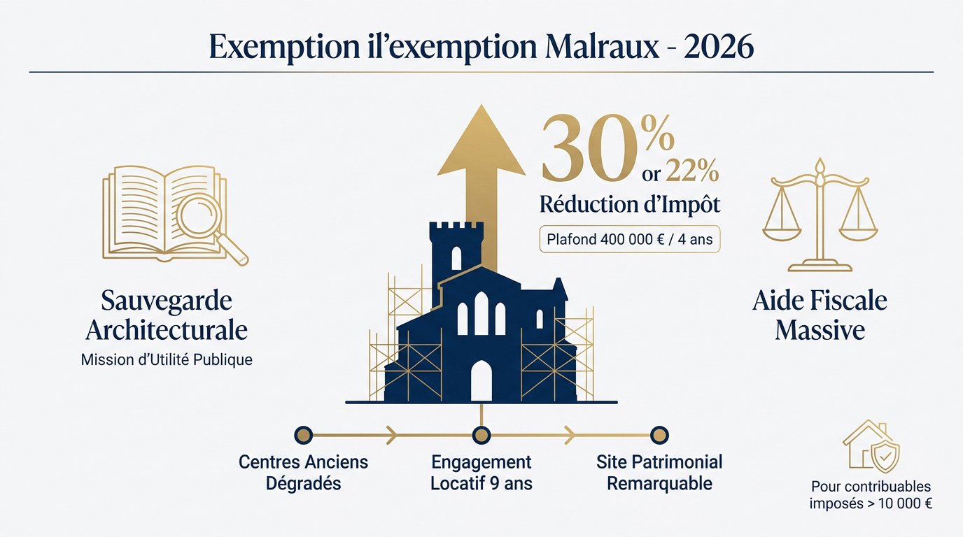 Infographie détaillant les taux de réduction d'impôt et les conditions de la loi Malraux 2026