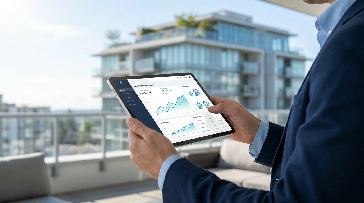 Un investisseur en costume utilisant une tablette pour visualiser des données d'investissement immobilier sur un balcon.