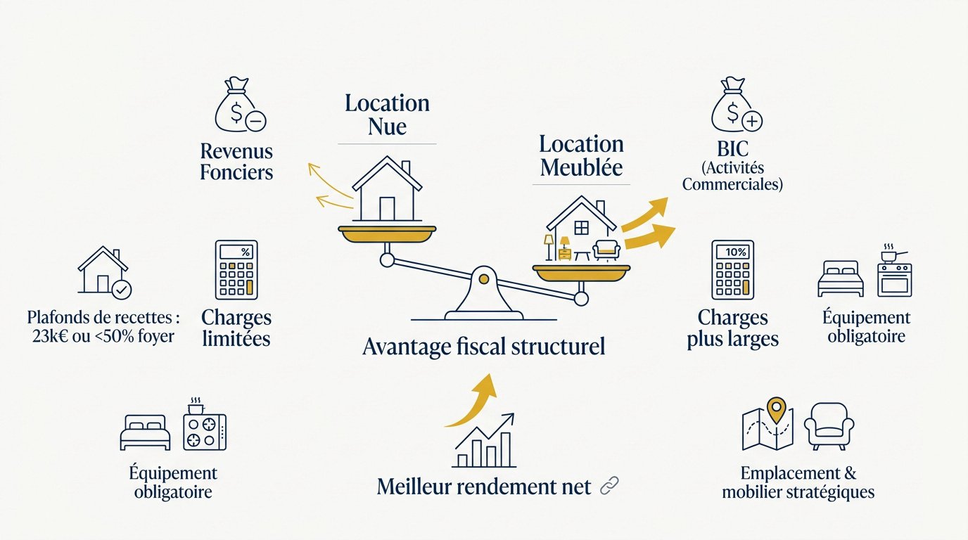 Comparaison fiscale entre location nue en revenus fonciers et location meublée en BIC