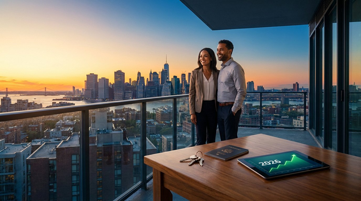 Un couple souriant sur un balcon avec vue sur New York, une tablette affichant un graphique de croissance 2026 devant eux.