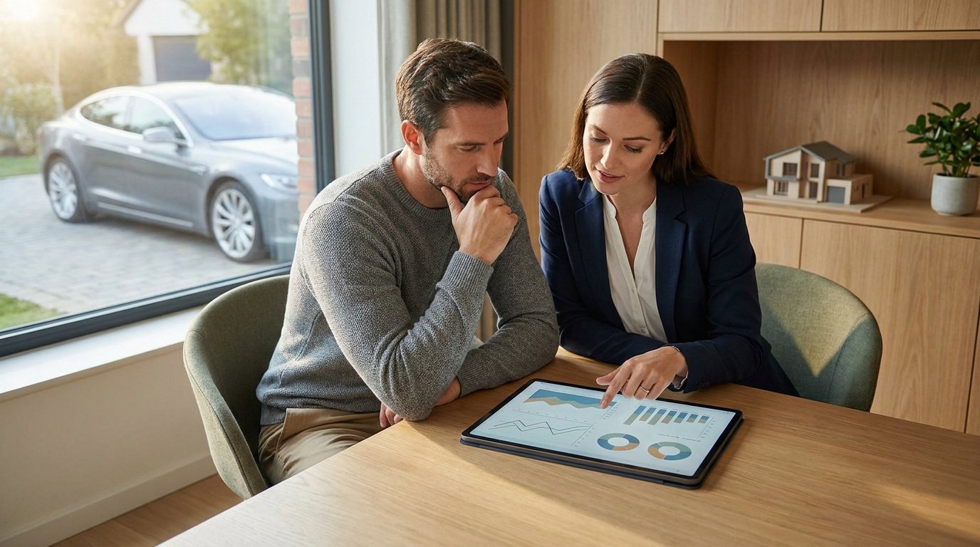 Une conseillère financière présente des graphiques sur une tablette à un homme, avec une voiture en arrière-plan.