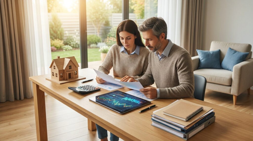 Un couple examine des documents financiers et une maquette de maison sur une table en bois dans un salon lumineux.