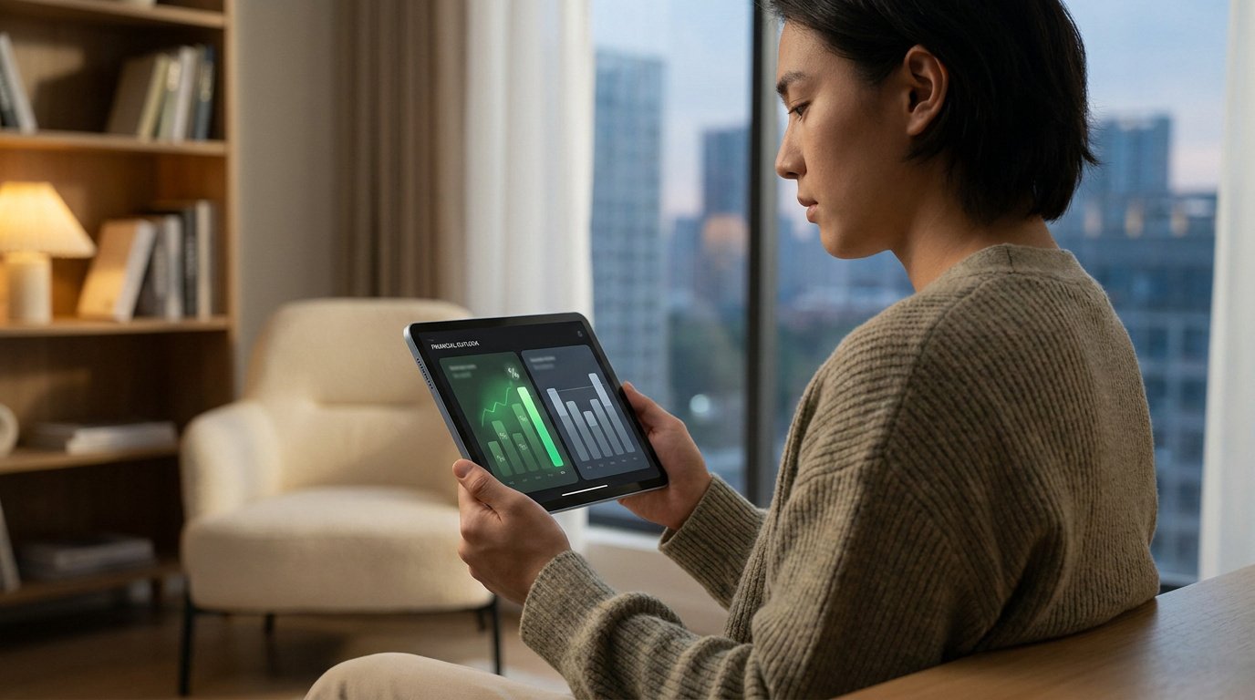 Une personne consulte des graphiques financiers sur une tablette numérique dans un intérieur moderne et lumineux.