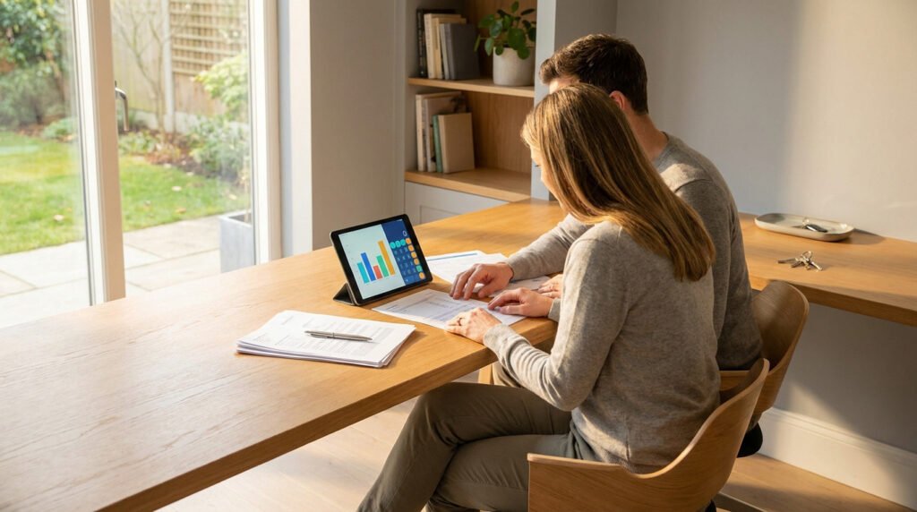 Un couple assis à une table en bois examine des documents financiers et une tablette montrant un graphique coloré.