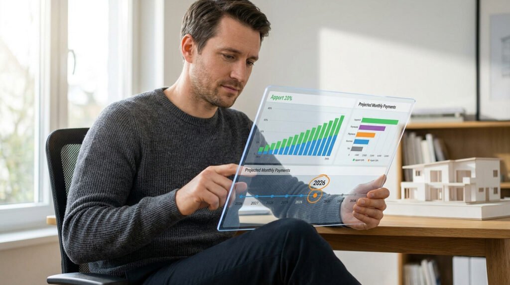 Homme utilisant une interface numérique transparente pour visualiser des graphiques de prêt immobilier.