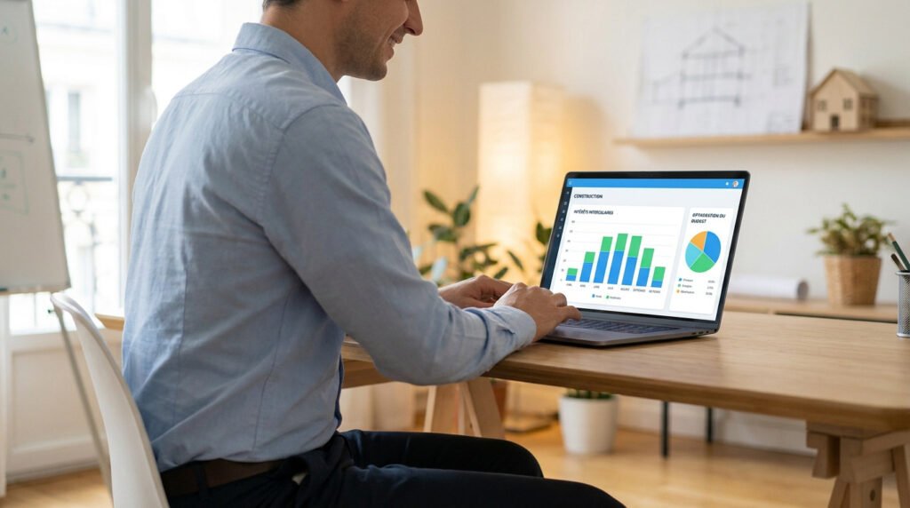 Un homme souriant travaillant sur un ordinateur portable affichant un graphique financier de prêt immobilier.