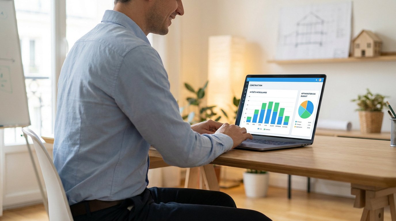 Un homme souriant travaillant sur un ordinateur portable affichant un graphique financier de prêt immobilier.