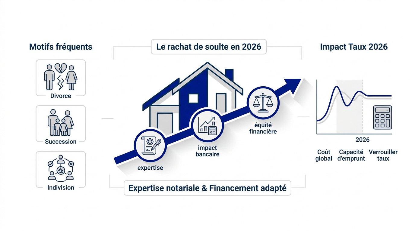Schéma des étapes du rachat de soulte immobilière en 2026